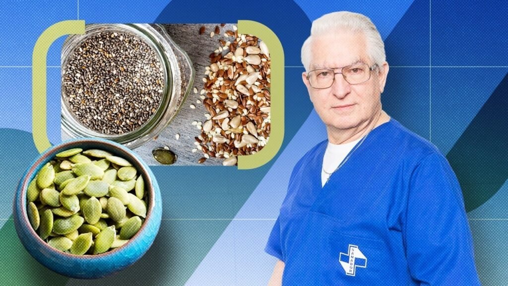 Четыре семени для здоровья мозга: совет нейрохирурга Чуря Нейрохирург Влад Чуря на фоне полезных для мозга семян — чиа, грецких орехов и тыквенных семечек