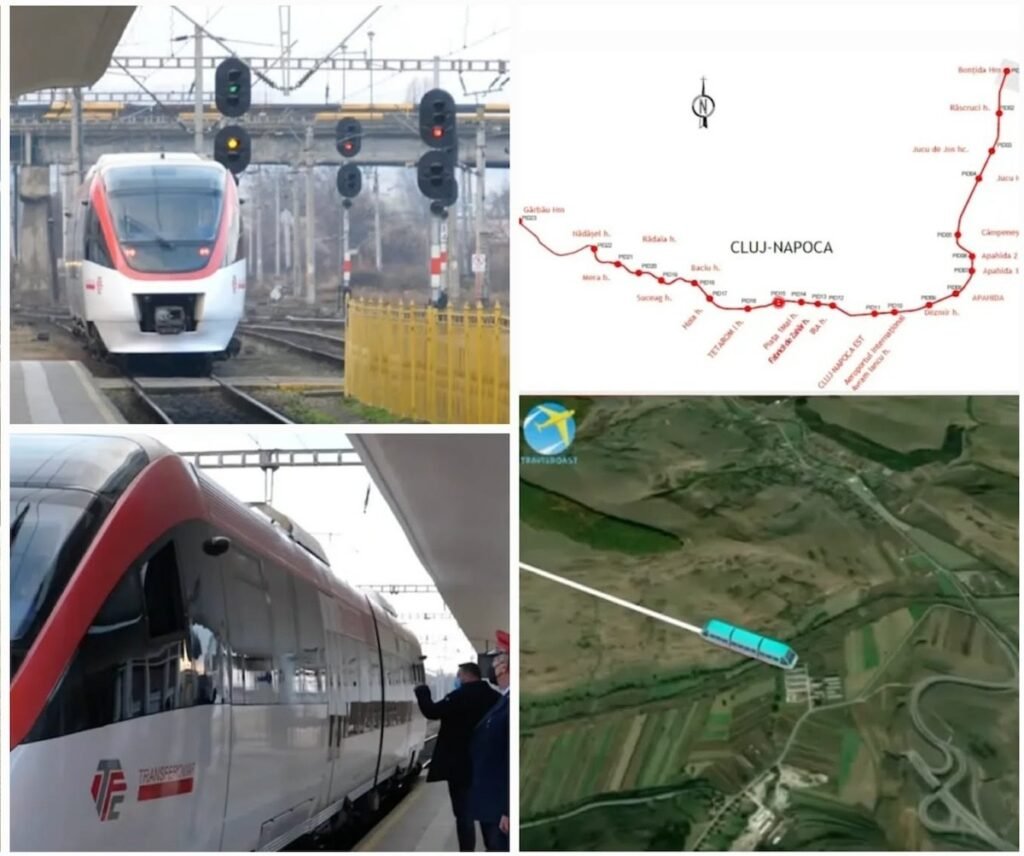 Клуж объявил тендер на электропоезда для метрополитена Коллаж с визуализацией электропоездов для метрополитенской линии Клужа, схемой маршрута и аэрофотосъёмкой проектного коридора