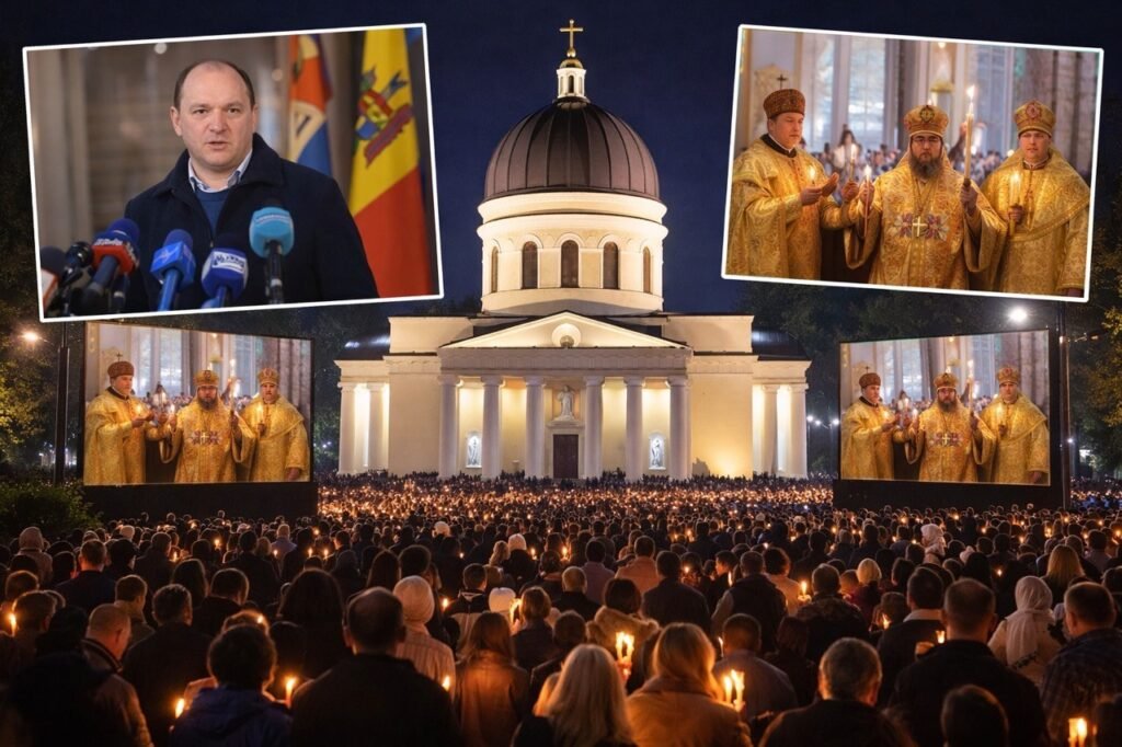 Пасха в Кишинёве 2026: прямая трансляция и экраны у собора Пасхальная ночная служба у Кафедрального собора в Кишинёве: верующие со свечами и священнослужители в золотых облачениях