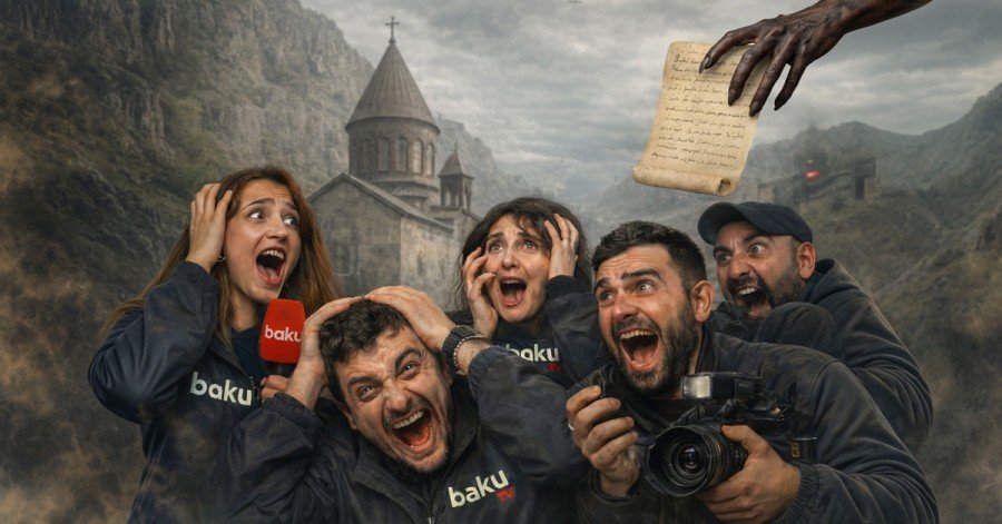 Сатирическая иллюстрация к материалу о пропагандистском сюжете Baku TV, в котором армянский фонд «Гегард» был назван «логовом демонов»