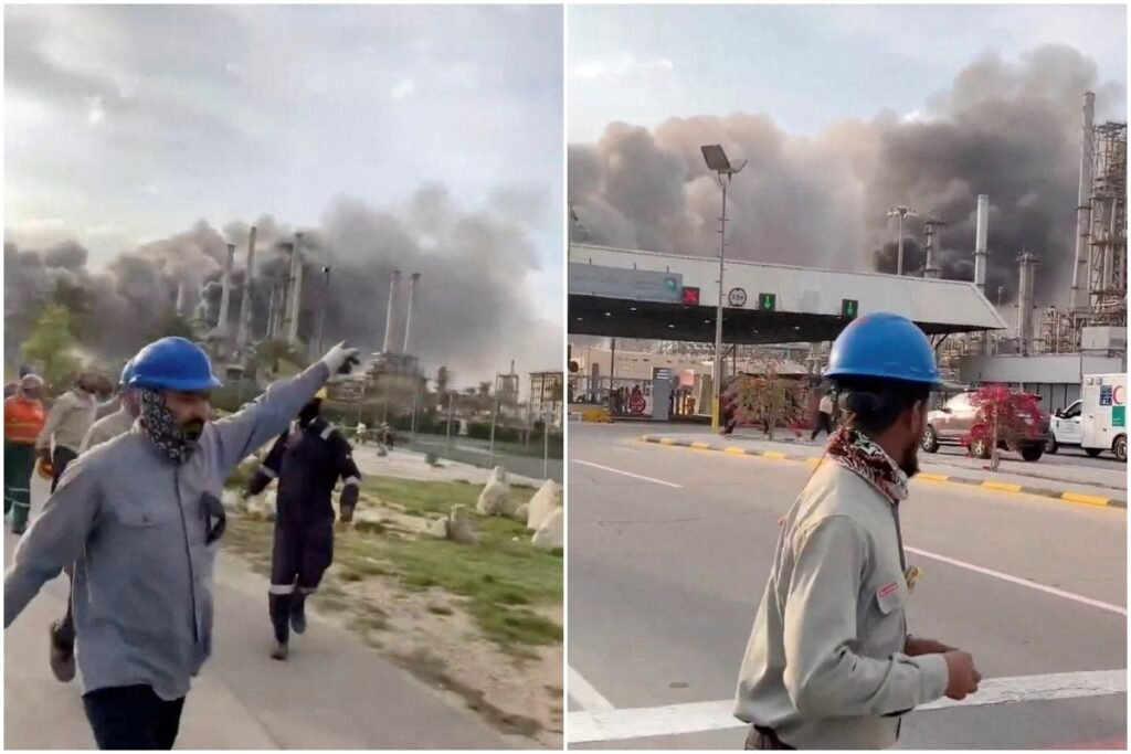 Сотни хорватских моряков оказались заблокированы в Персидском заливе Рабочие эвакуируются с нефтеперерабатывающего завода Рас-Танура во время атаки дронов, густой черный дым на заднем плане. Фото: Novi list