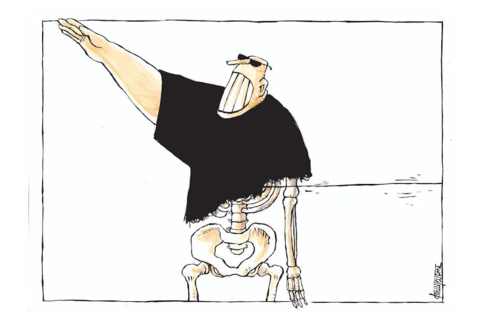 Political cartoon depicting skeleton in black shirt performing Nazi salute - satirical commentary on far-right ideology