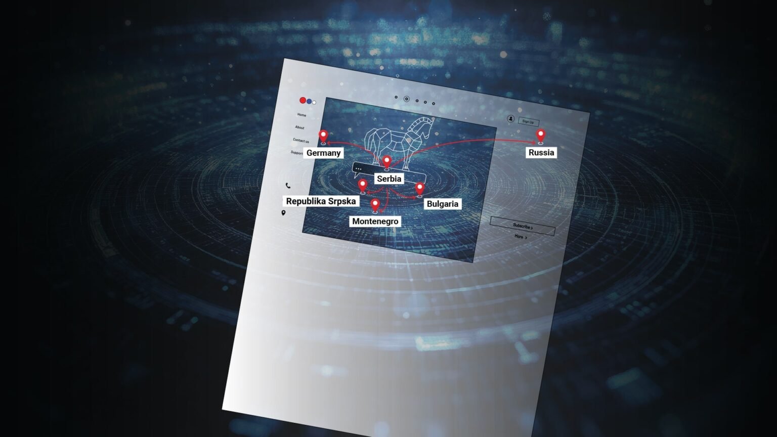 Инфографика расследования BIRN, показывающая сеть связей между Сербией, Россией, Германией, Черногорией, Болгарией и Республикой Сербской с символом троянского коня