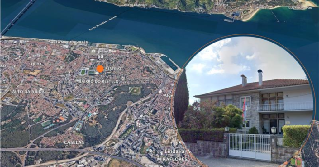 Composite: Map of Lisbon with embassy location marker and inset photo of embassy building. Фото: Gdb.rferl.org
