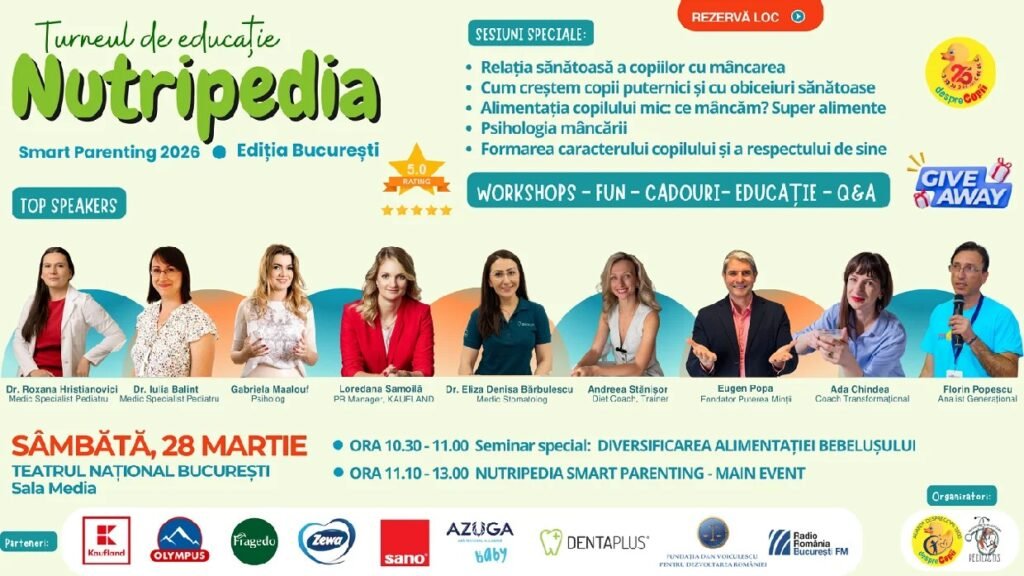 Афиша образовательного мероприятия Nutripedia Smart Parenting 2026, посвящённого здоровому питанию и развитию детей. На баннере указаны спикеры, программа и место проведения — Национальный театр Бухареста, 28 марта
