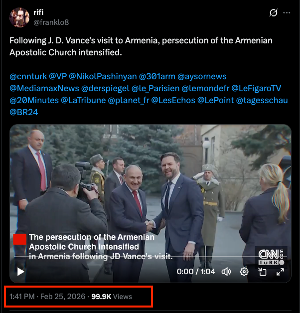 Скриншот фейкового поста в соцсети о якобы преследовании Армянской апостольской церкви после визита Джей Ди Вэнса — пример информационной манипуляции