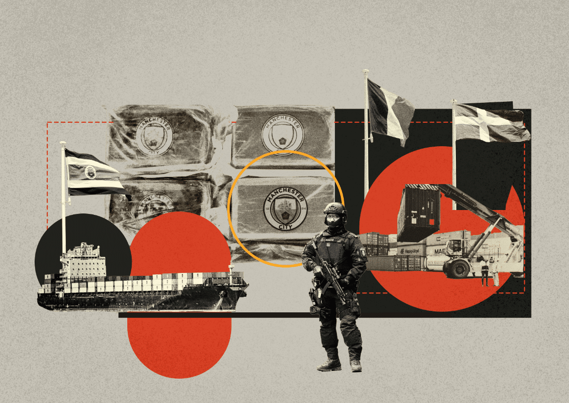 Коллаж-иллюстрация к расследованию о кокаиновом ограблении в Швеции: вооружённый спецназовец, контейнерные грузы и монеты с гербами