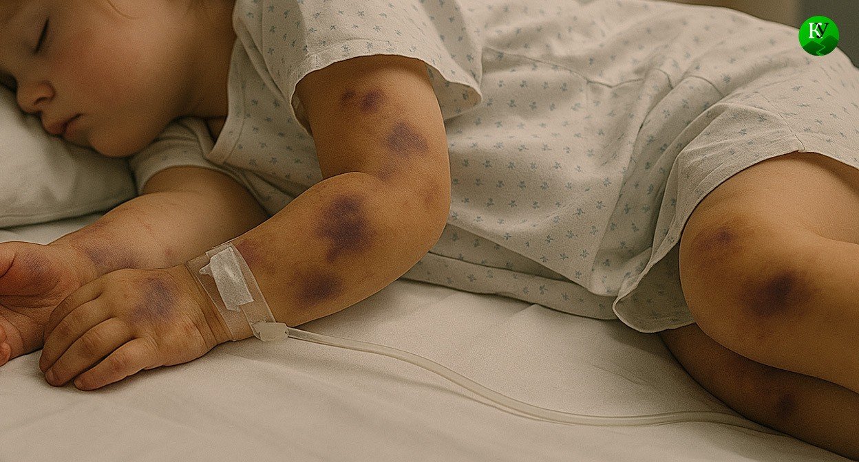 Ребёнок с множественными гематомами на руках и ногах в больничной палате, подключённый к капельнице