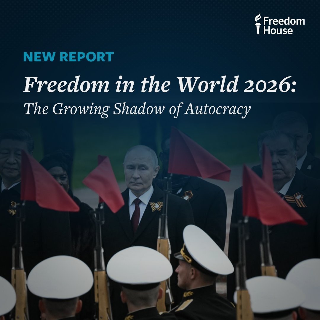 Обложка доклада Freedom House «Свобода в мире 2026: Растущая тень автократии»