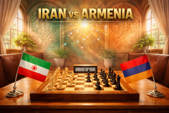 Промо-баннер дружеского шахматного матча Иран — Армения с шахматной доской и флагами двух стран