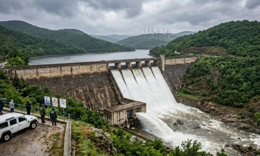 Плотина с контролируемым сбросом воды через водосливные затворы на фоне зелёных холмов и пасмурного неба