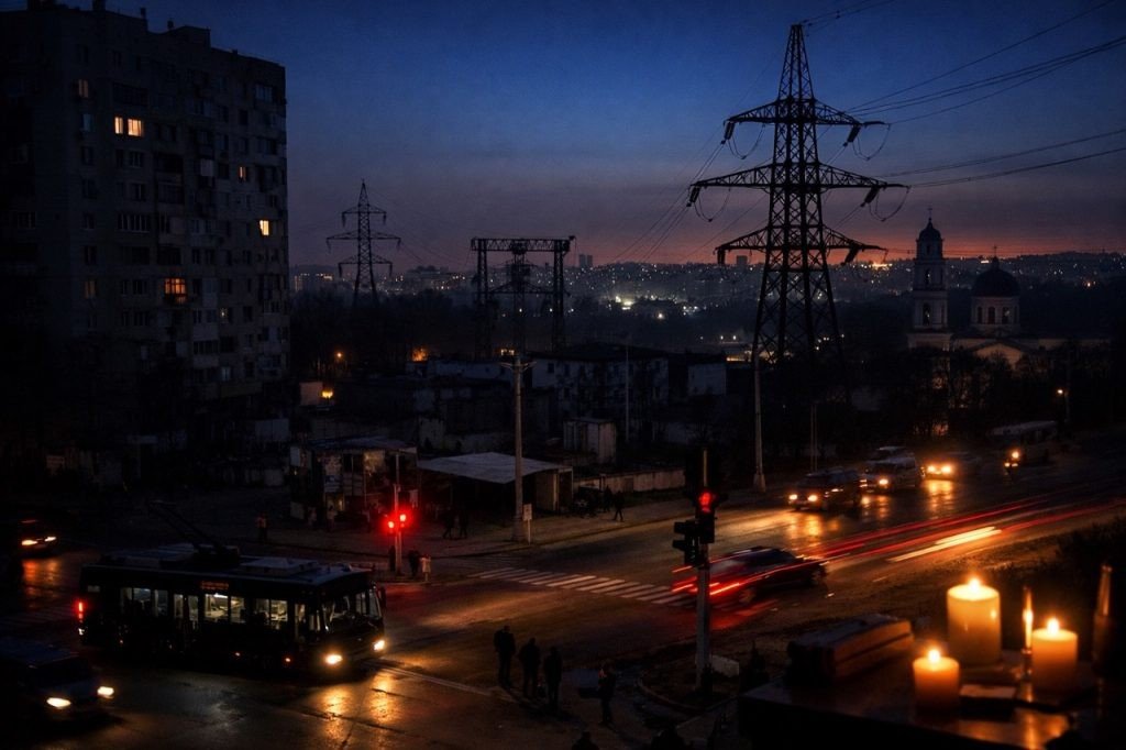 Ночной Кишинёв во время блэкаута — свечи на подоконнике, троллейбус и высоковольтные опоры на фоне затемнённого города