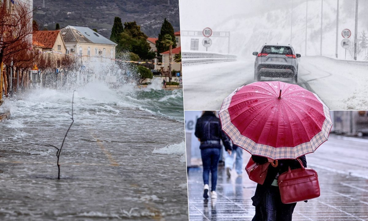 Последствия непогоды в Хорватии: штормовые волны захлёстывают прибрежные улицы, заснеженная горная дорога и проливной дождь в городе