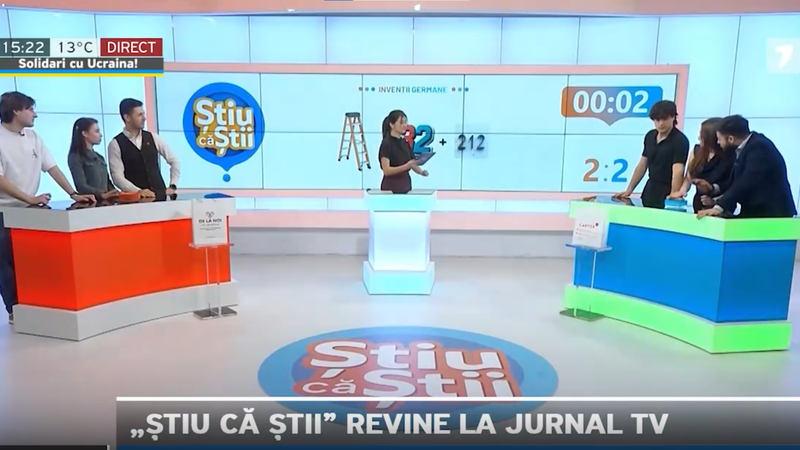 Съёмочная площадка шоу «Știu că știi» с участниками и надписью о возвращении на Jurnal TV