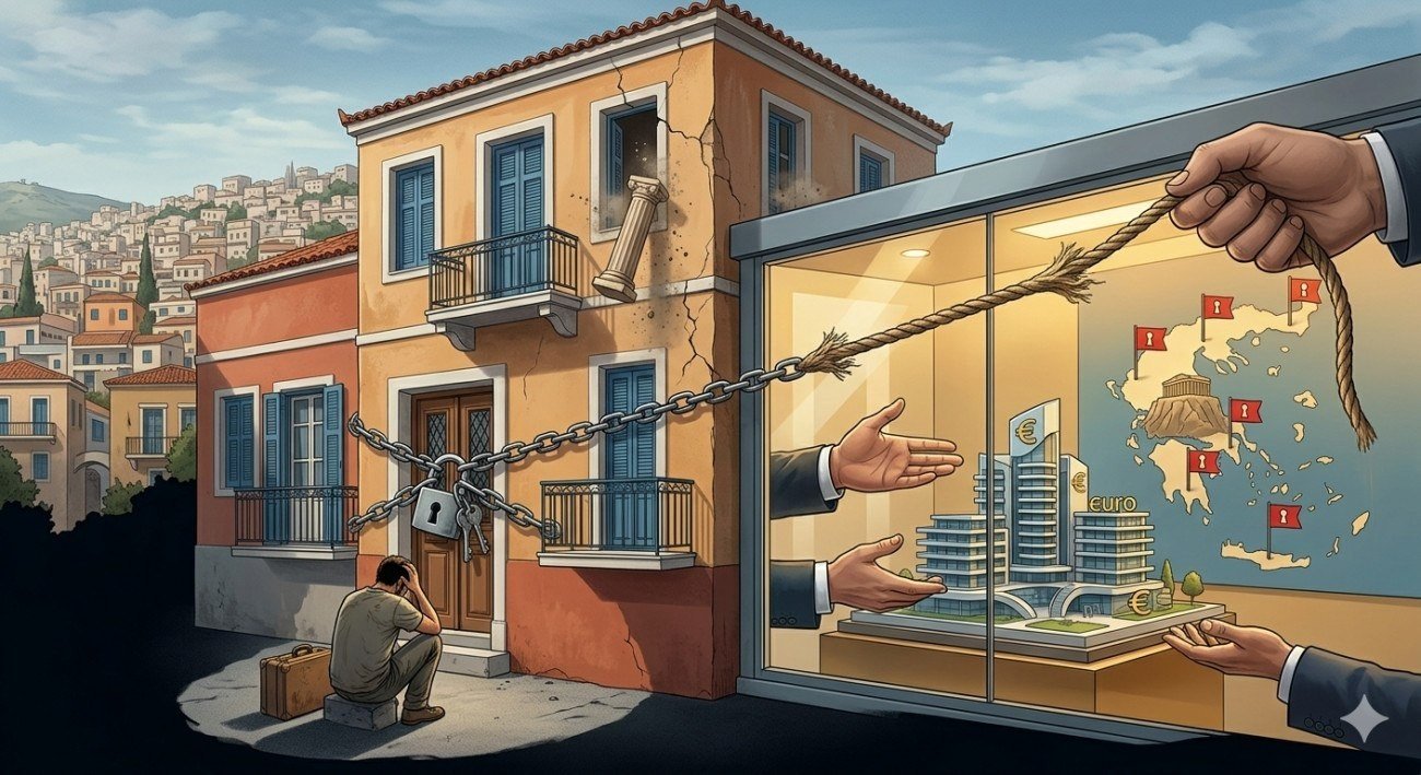 Жилищный кризис в Греции: традиционный дом заперт на цепь и недоступен, а за стеклянной витриной — инвестиционная недвижимость на карте страны