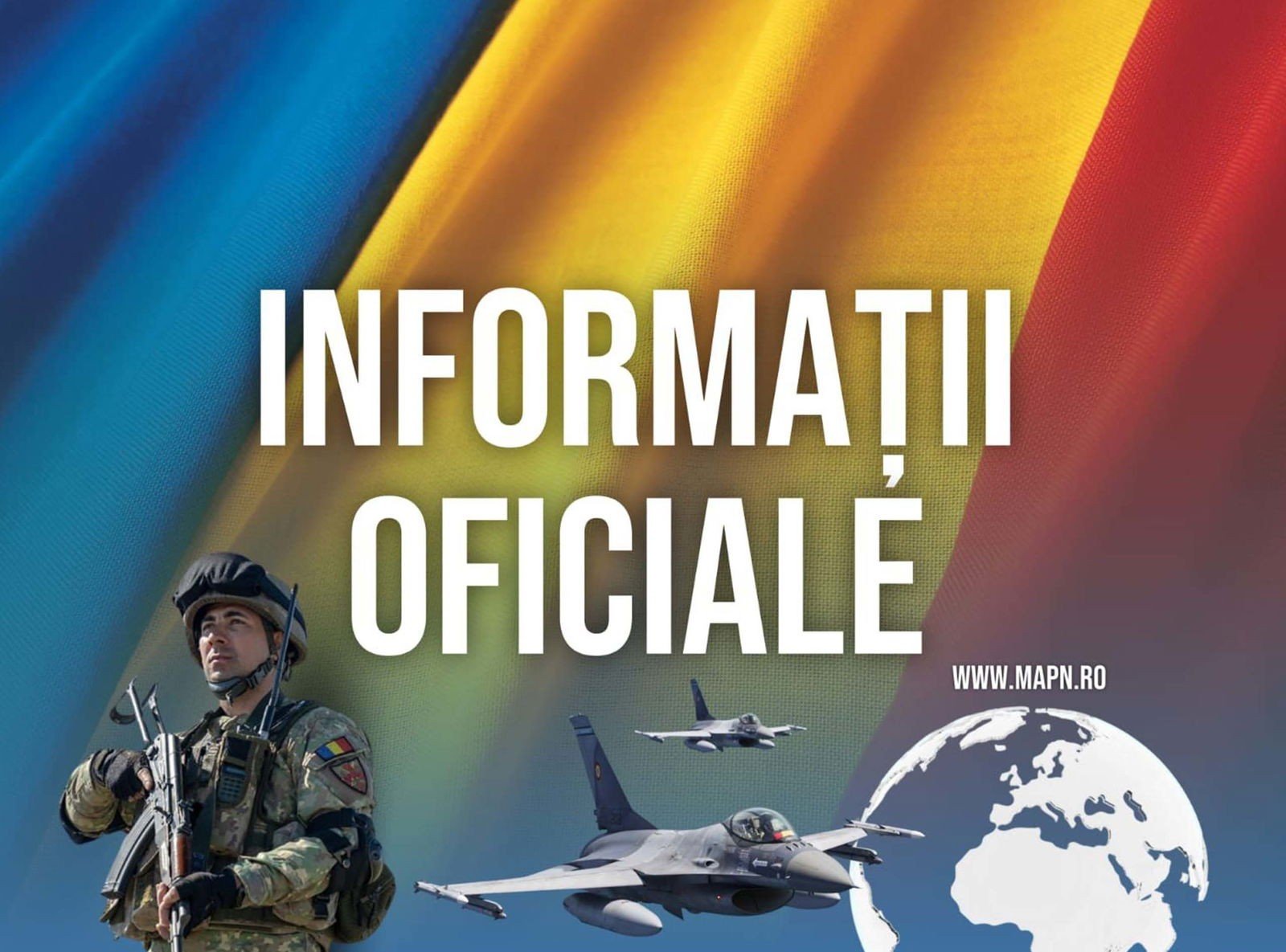 Официальная графика Министерства обороны Румынии с изображением национального флага, военнослужащего и истребителя F-16