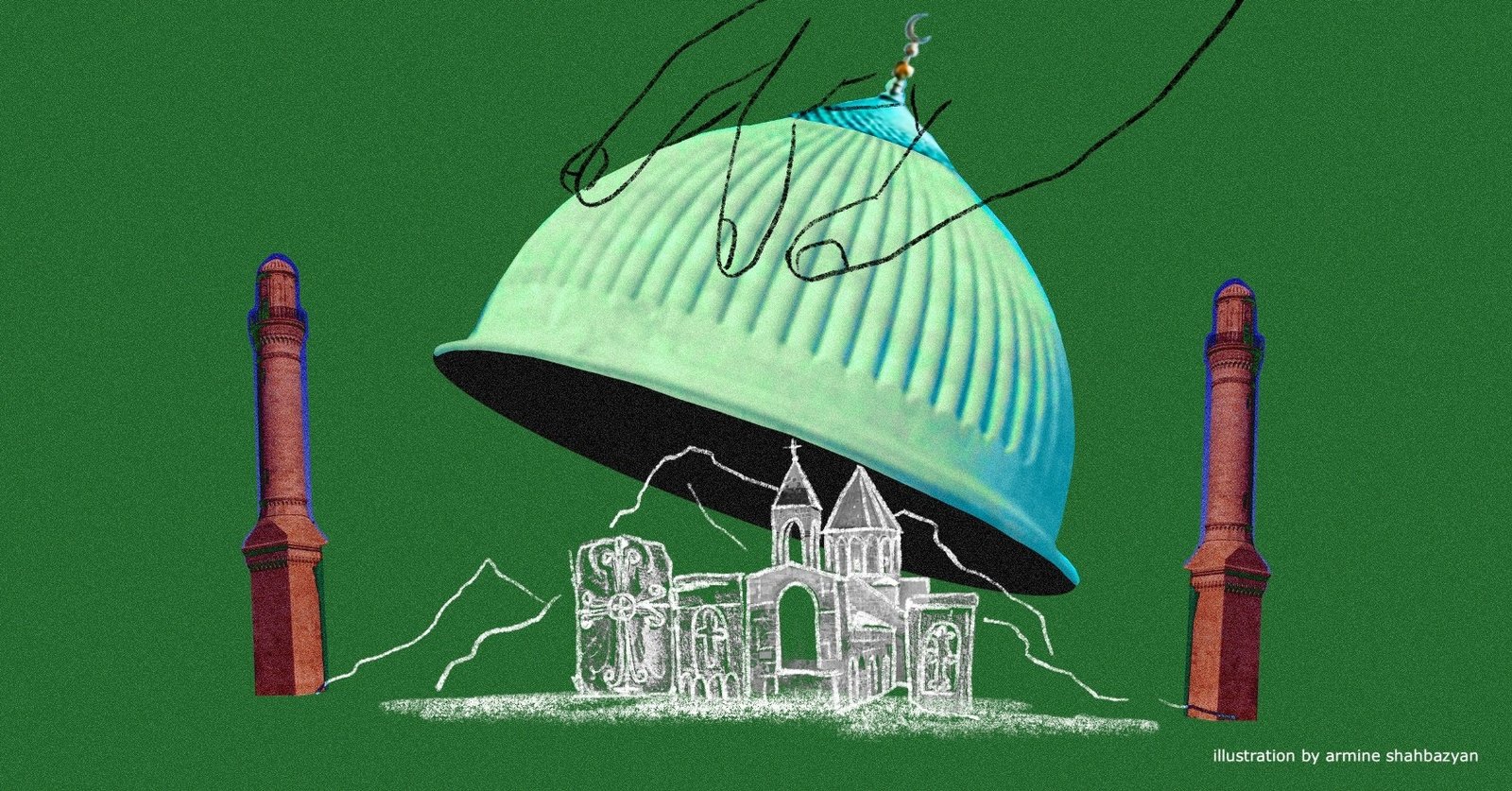 Иллюстрация к расследованию о кампании «Западный Азербайджан» — символическое изображение присвоения армянского культурного наследия