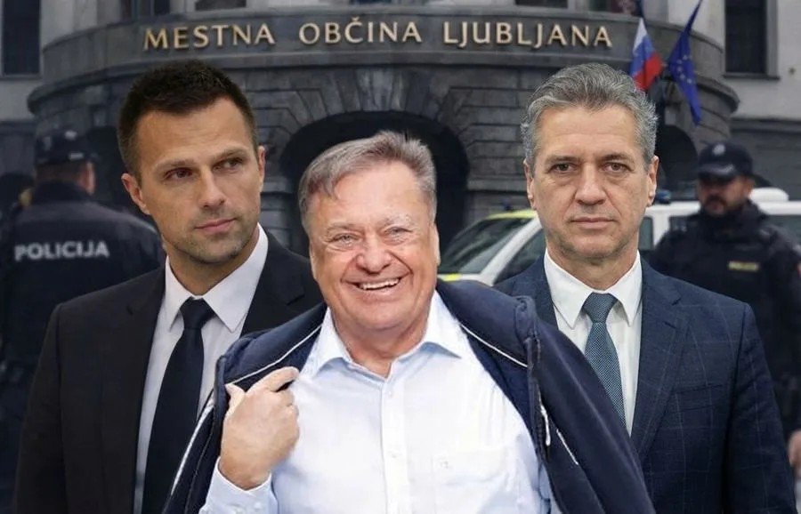Photo collage showing Matej Pirc, Zoran Janković, and Robert Golob with Ljubljana city hall and police in background. Фото: zanima.me