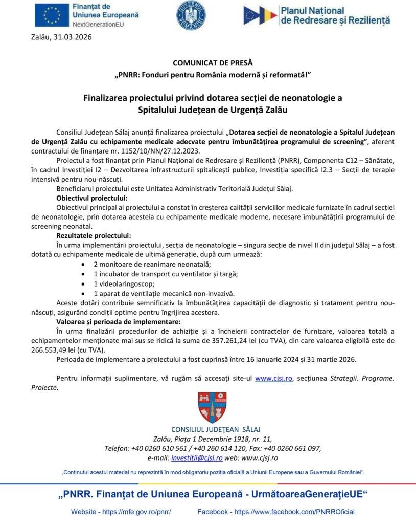 Пресс-релиз Совета жудеца Сэлаж о завершении проекта по оснащению отделения неонатологии больницы Залэу медицинским оборудованием в рамках PNRR