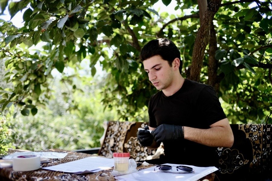 Исследователь собирает образцы для анализа на содержание тяжёлых металлов в Сюникской области Армении