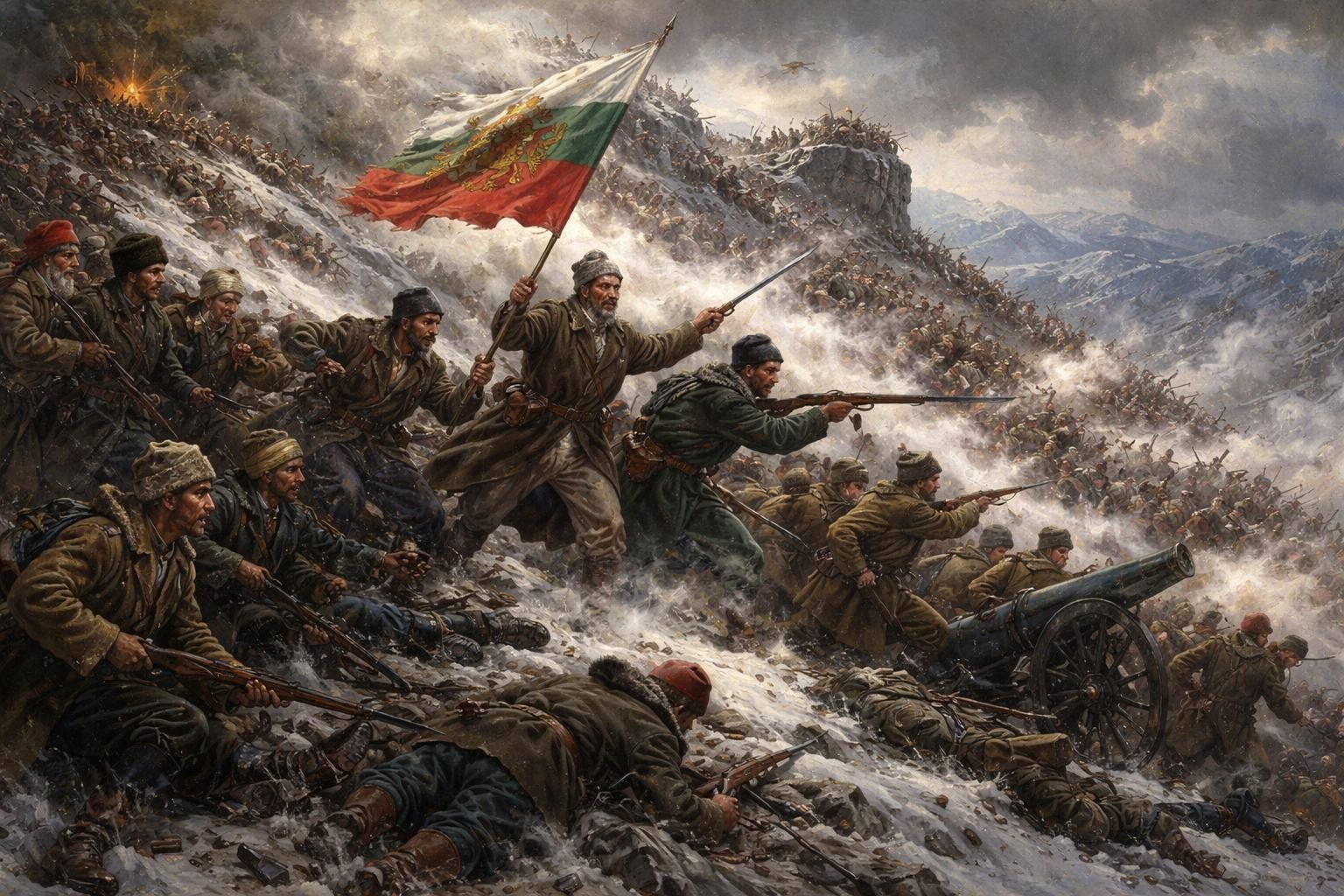 Картина, изображающая битву за Шипку во время Русско-турецкой войны 1877-1878 годов: болгарские ополченцы и русские солдаты штурмуют горный перевал под болгарским знаменем. Фото: Критично