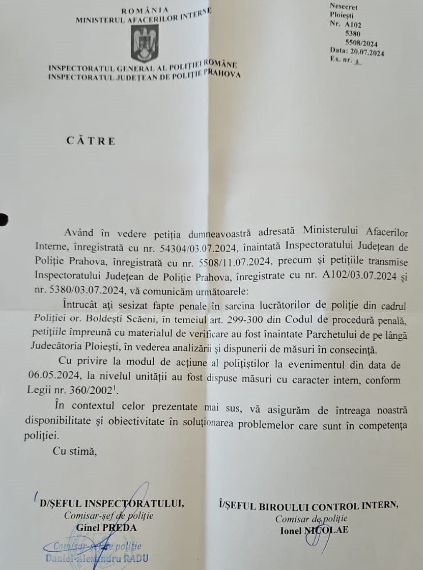 Официальный ответ Инспектората полиции жудеца Прахова на жалобу о действиях полицейских в Болдешть-Скэень