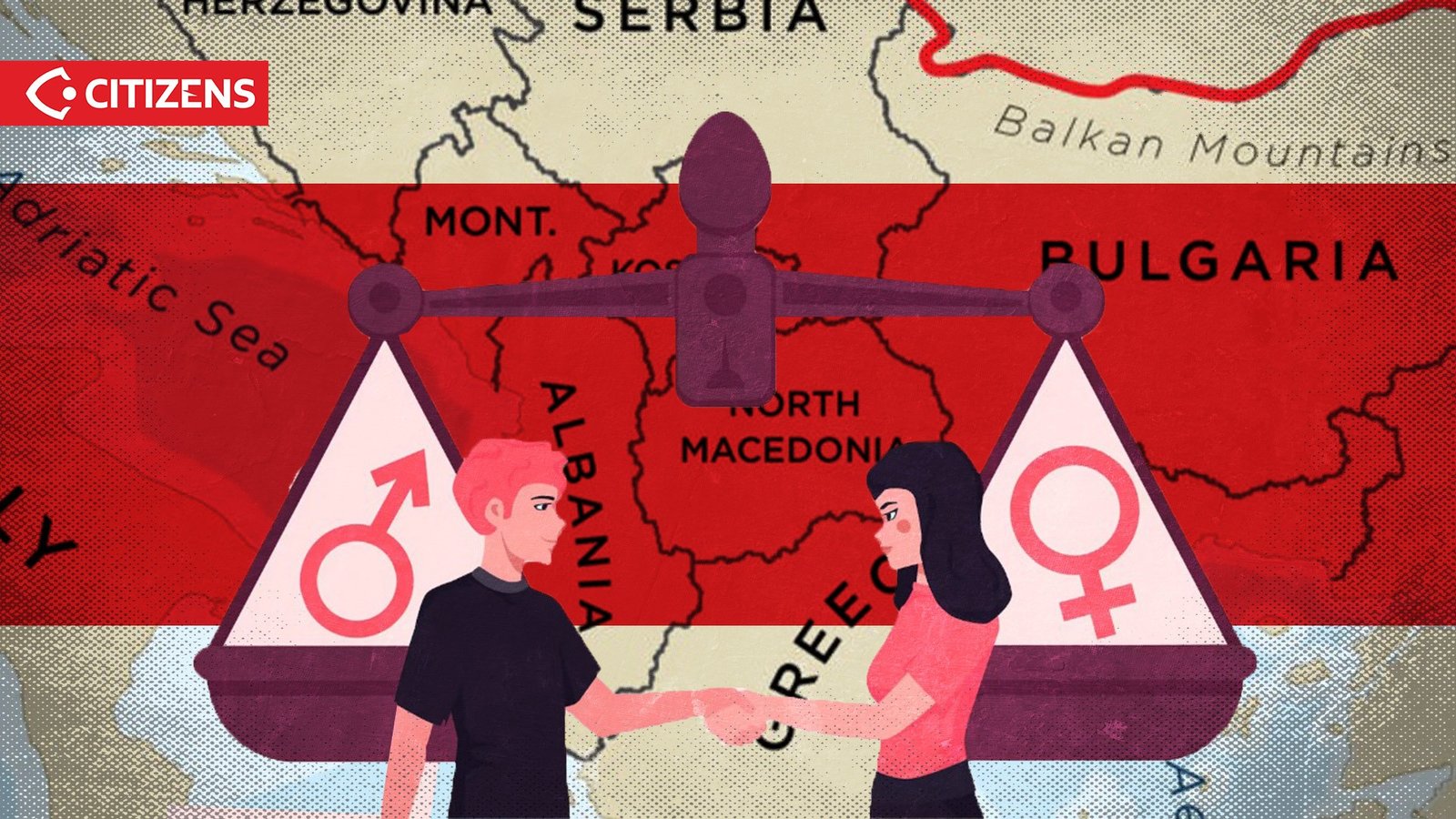 Весы гендерного равенства на фоне карты Балкан — символ борьбы за равноправие в регионе
