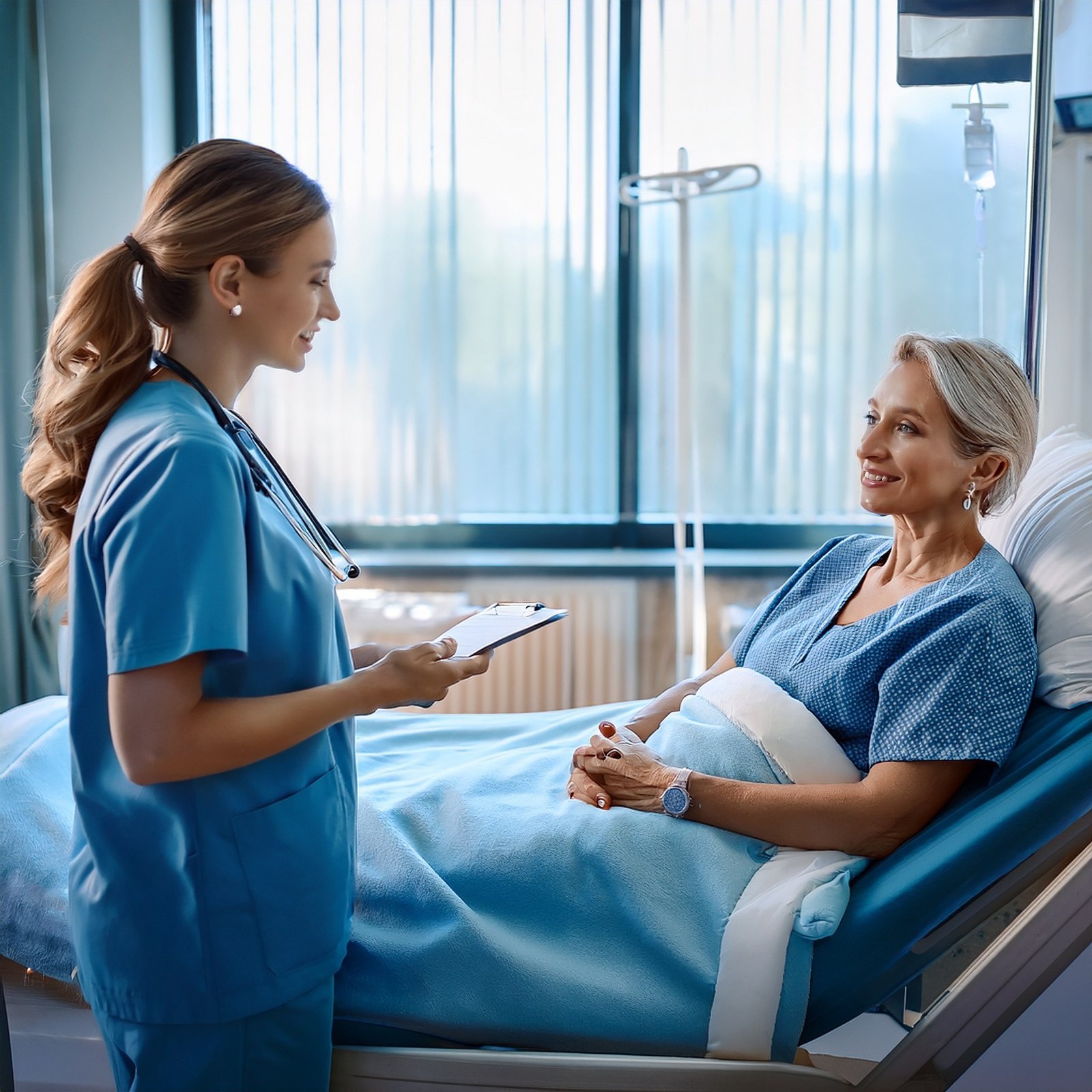 Медицинская сестра беседует с пациенткой в больничной палате