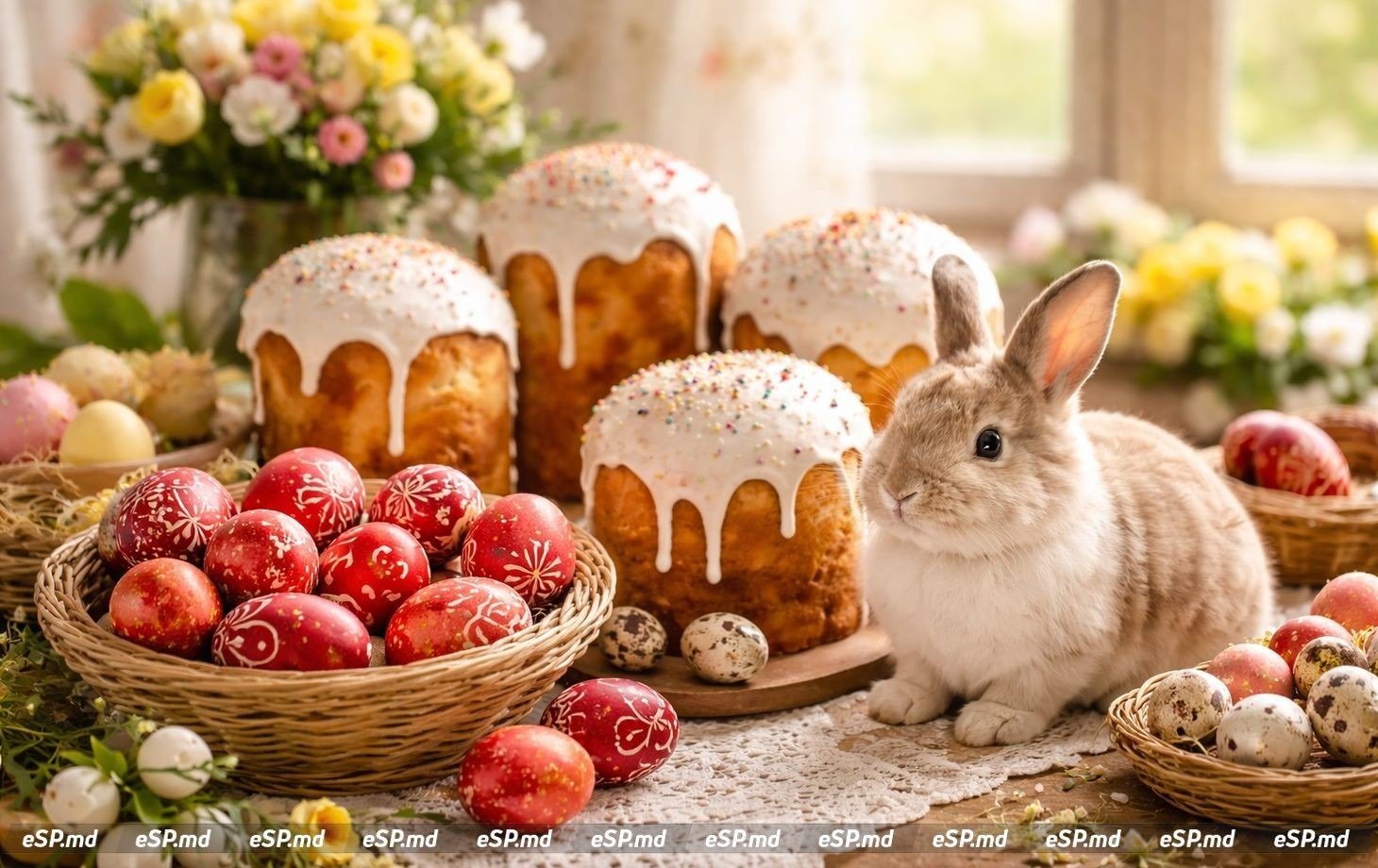 Пасхальный стол с куличами, крашеными яйцами и кроликом — традиционные символы праздника