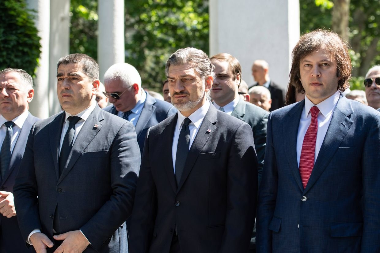 Georgian Dream leaders Papuashvili, Kavelashvili, and Kobakhidze at Victory Day ceremony