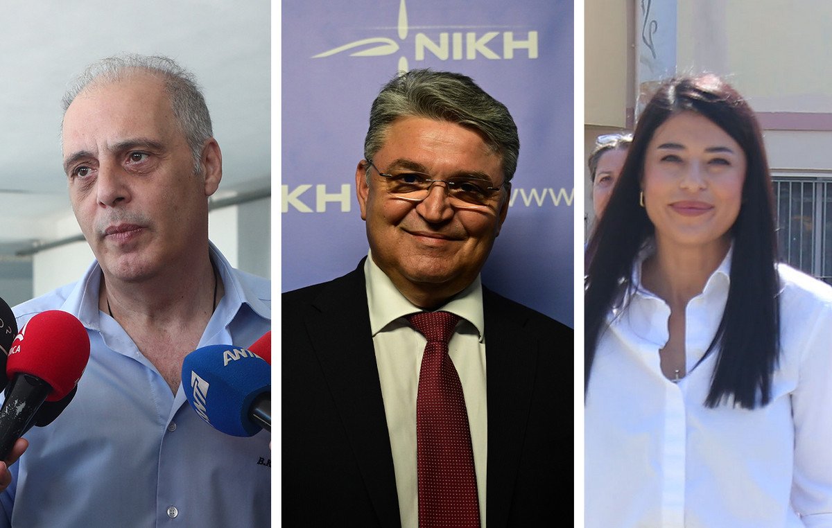 Collage of Greek far-right party leaders: Kyriakos Velopoulos (Elliniki Lysi), Dimitris Natsios (Niki), Afroditi Latinopoulou (Foni Logikis)
