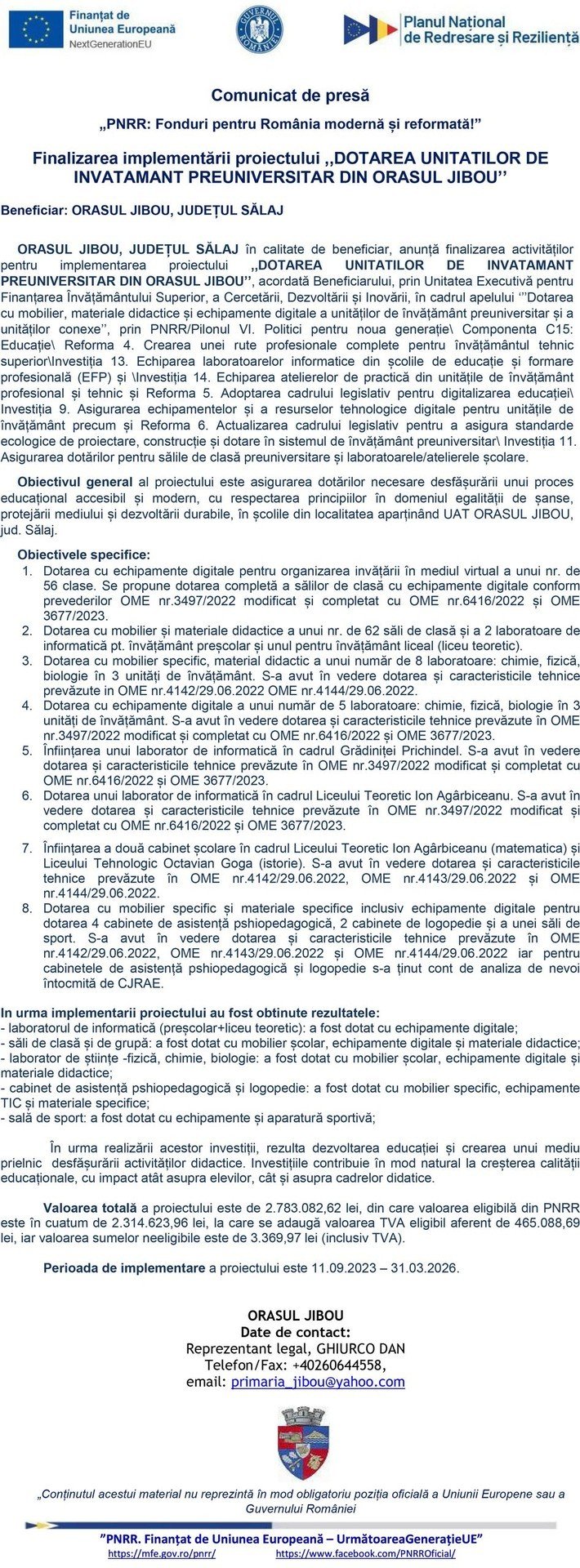 Полный текст официального пресс-релиза о завершении проекта оснащения доуниверситетских учебных заведений Жибоу мебелью, учебными материалами и цифровым оборудованием в рамках PNRR