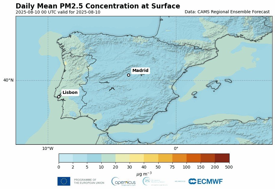 Карта среднесуточной концентрации PM2.5 на поверхности в юго-западной Европе по данным системы мониторинга атмосферы