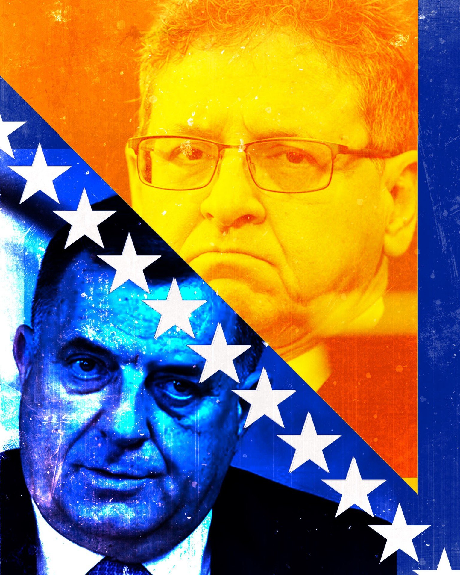 Художественное разделённое изображение с боснийским флагом, показывающее двух политиков в контрастных цветах. Фото: Media.washtimes.com