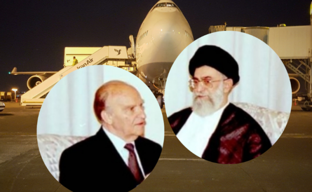 Фотоколлаж с архивными снимками Алии Изетбеговича и иранского религиозного лидера на фоне грузового самолёта