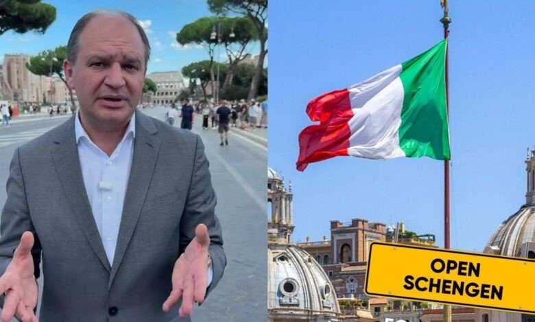 Ион Чебан во время визита в Италию на фоне знака «Open Schengen» и итальянского флага