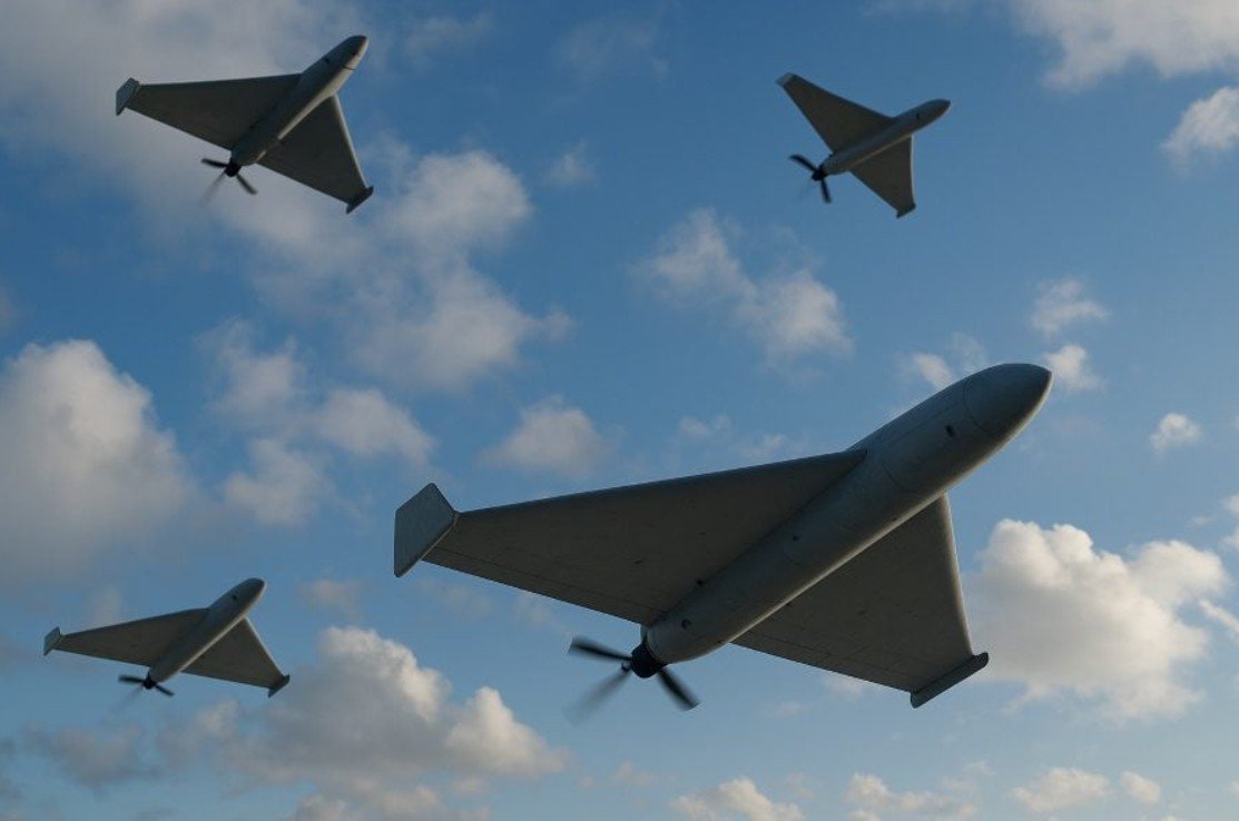 3D-иллюстрация дронов-камикадзе типа &laquo;Шахед&raquo; в полёте. Россия использует такие беспилотники для атак на территорию Украины