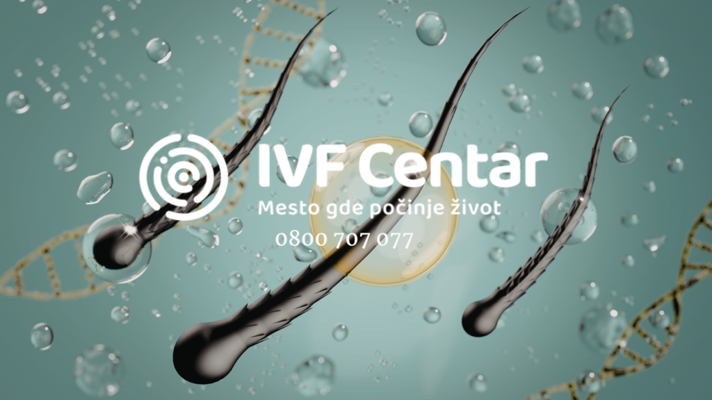 Научная иллюстрация сперматозоидов, приближающихся к яйцеклетке, на фоне молекул ДНК