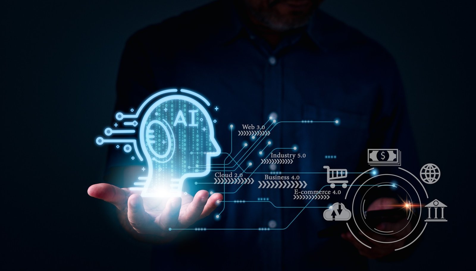 Голографическая проекция головы с надписью AI над рукой человека символизирует развитие технологий искусственного интеллекта