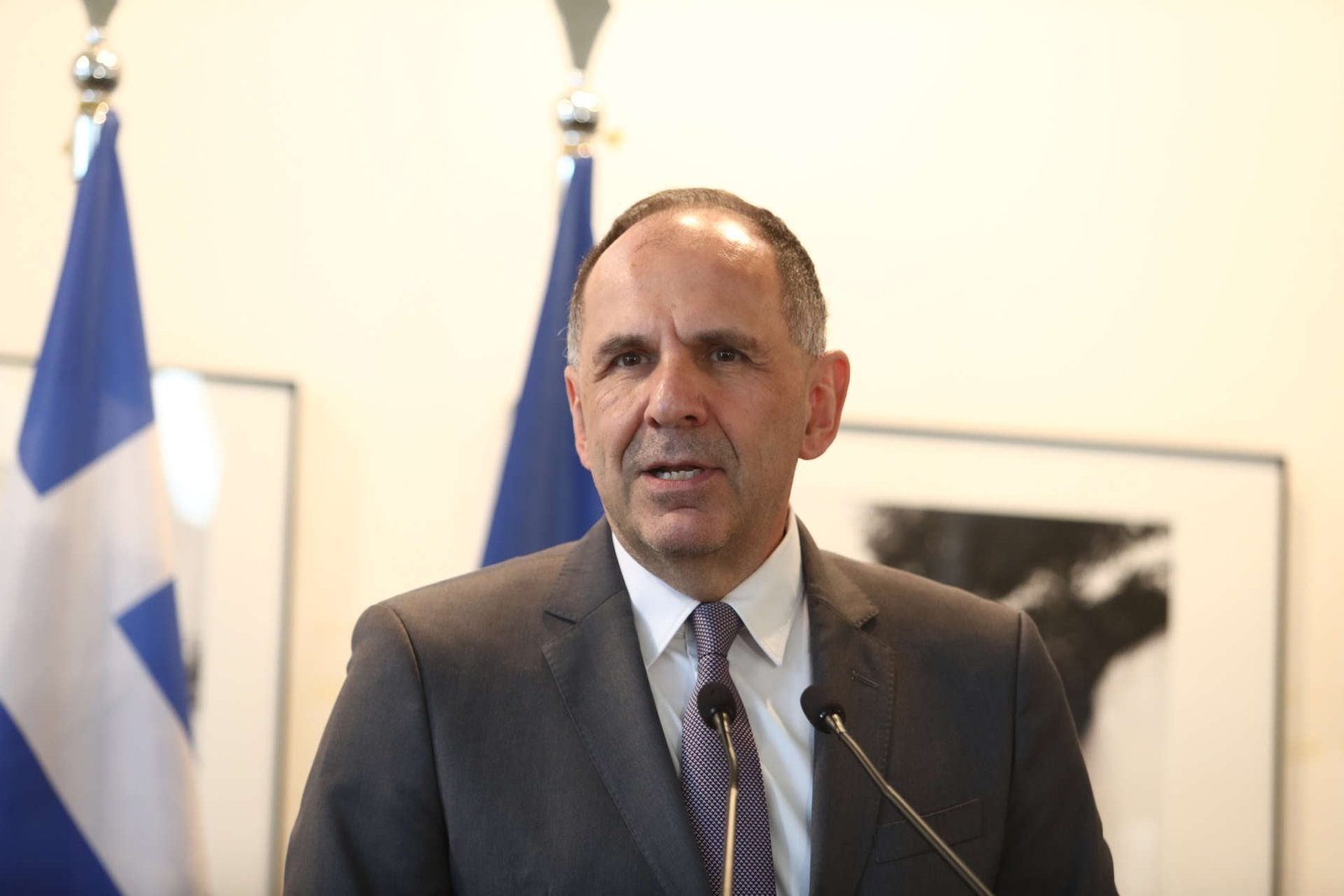 Йоргос Герапетритис выступает на фоне греческих и европейских флагов