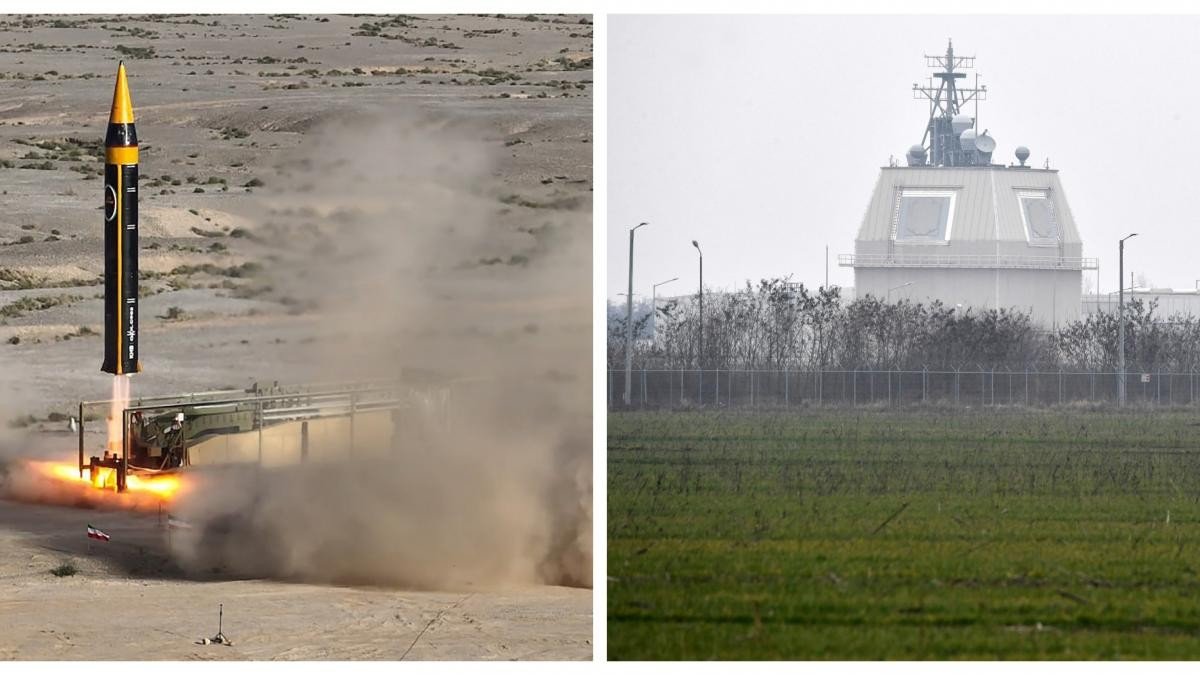 Коллаж: пуск иранской баллистической ракеты Хоррамшехр (слева) и радарная станция системы ПРО НАТО Aegis Ashore в Девеселу, Румыния (справа). Фото: Antena 3