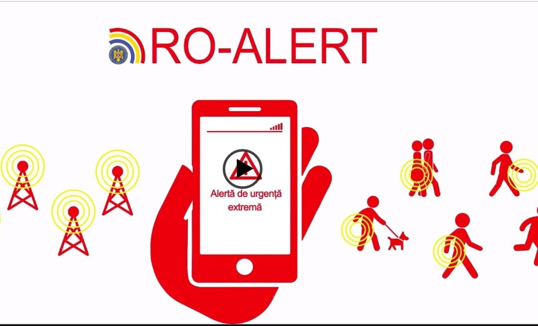 Инфографика системы экстренного оповещения RO-Alert — телефон с сообщением «Alertă de urgență extremă» и вышки сотовой связи