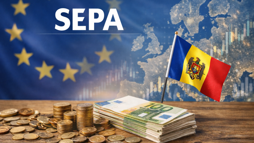 SEPA text with Moldova flag, euro banknotes and coins. Фото: Observatorul de Nord