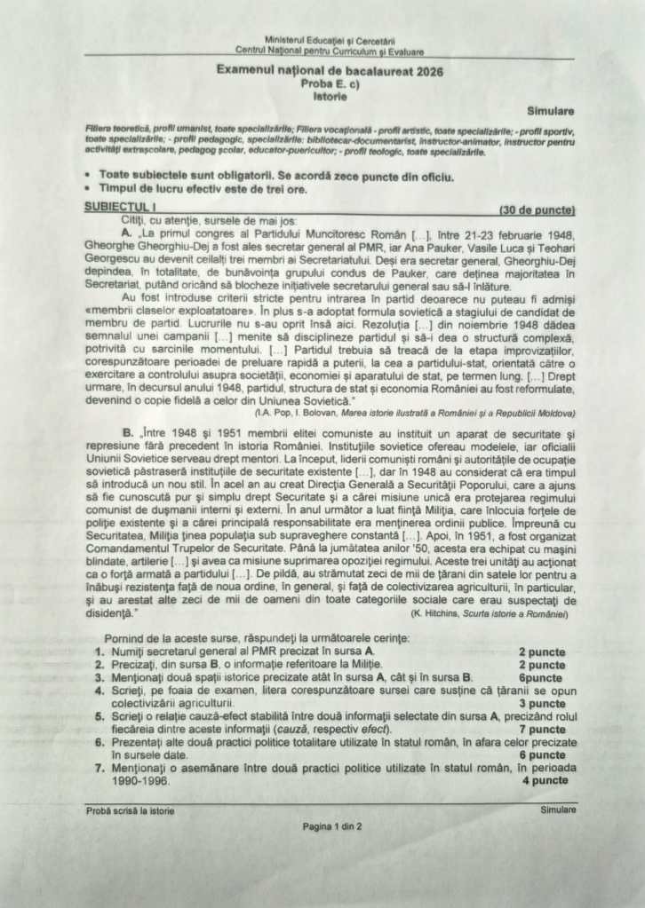 Первая страница экзаменационных заданий по истории на симуляции национального бакалавриата BAC 2026 в Румынии