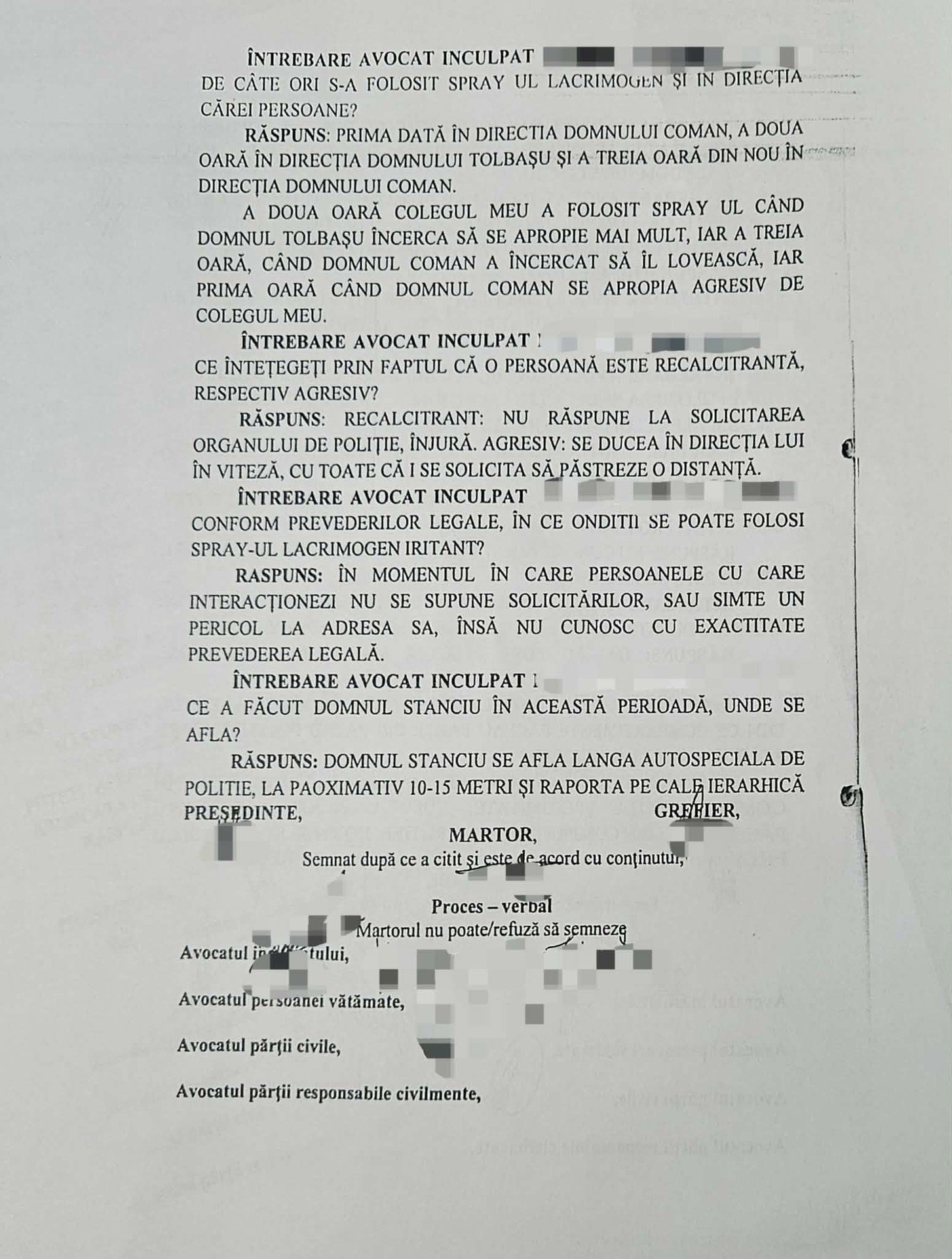 Протокол допроса обвиняемого полицейского о применении слезоточивого газа в Болдешть-Скэень — ключевой документ дела