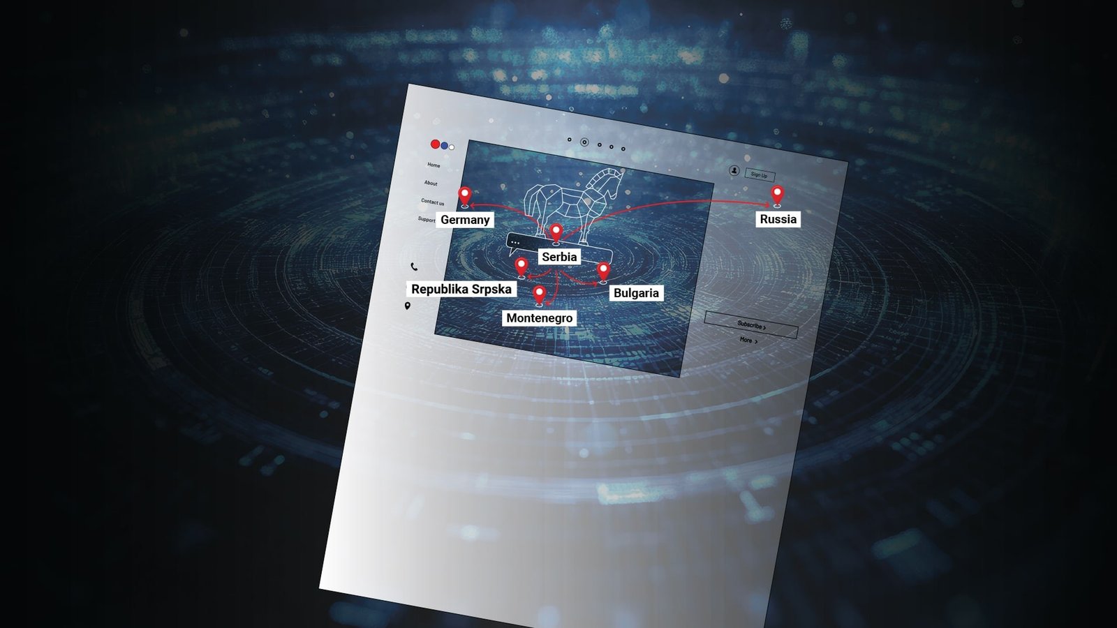 Инфографика BIRN: дезинформационная сеть, связывающая Россию с Балканами. Стрелки через символ «троянского коня» соединяют Россию, Германию, Сербию, Республику Сербскую, Черногорию и Болгарию