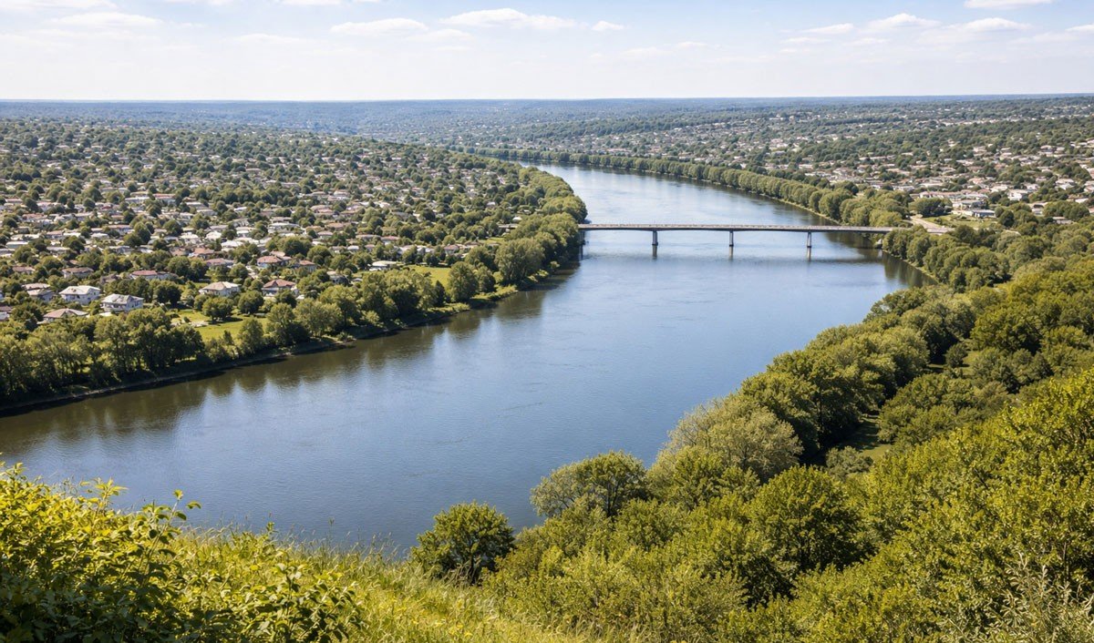 Вид с высоты на реку Днестр с мостом — естественная граница между Молдовой и Приднестровьем