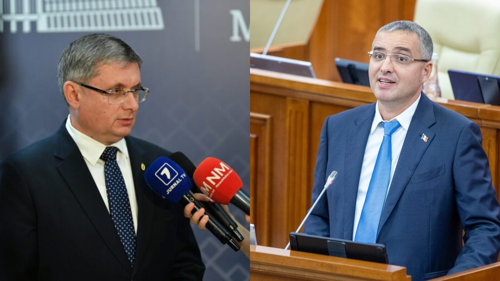 Коллаж: Игорь Гросу дает интервью прессе (слева), Ренато Усатый на трибуне парламента (справа). Фото: Newsmaker.md
