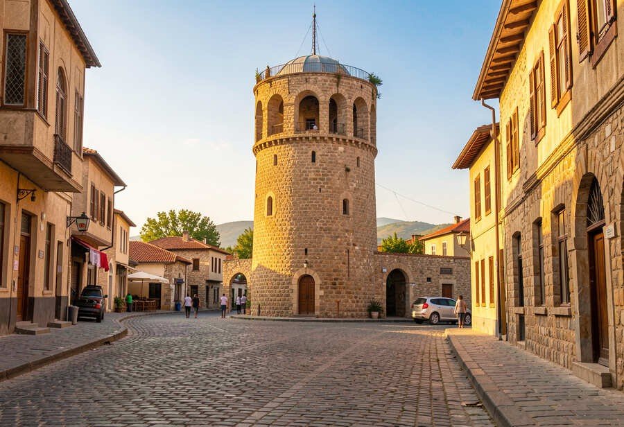 Историческая каменная башня на мощёной улице азербайджанского города — одно из туристических направлений, привлекающих российских путешественников