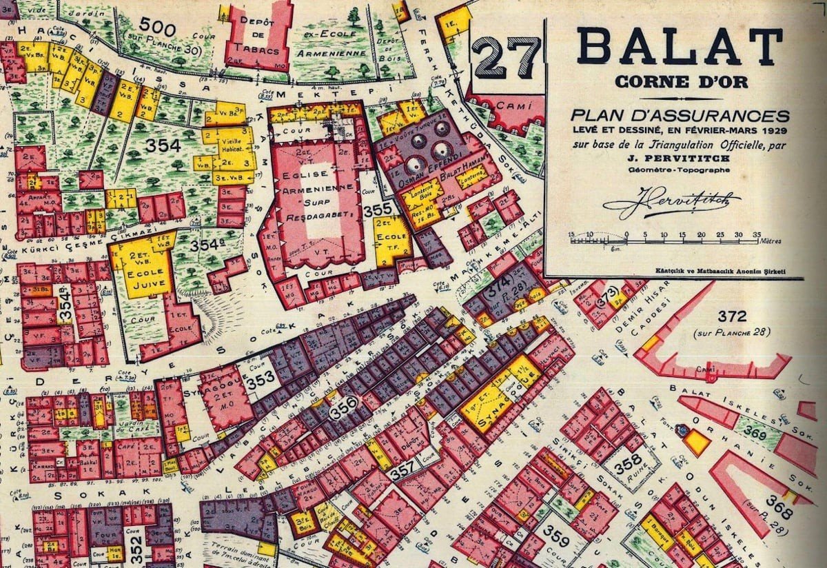 Страховой план района Балат, составленный Жаком Первитичем в 1929 году, — на нём обозначено расположение школы